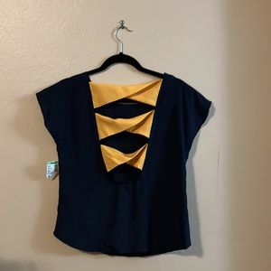 NWT Papaya Dark Blue Unique Back Gold Yellow Twist Ribbon Cut Out Top Small S